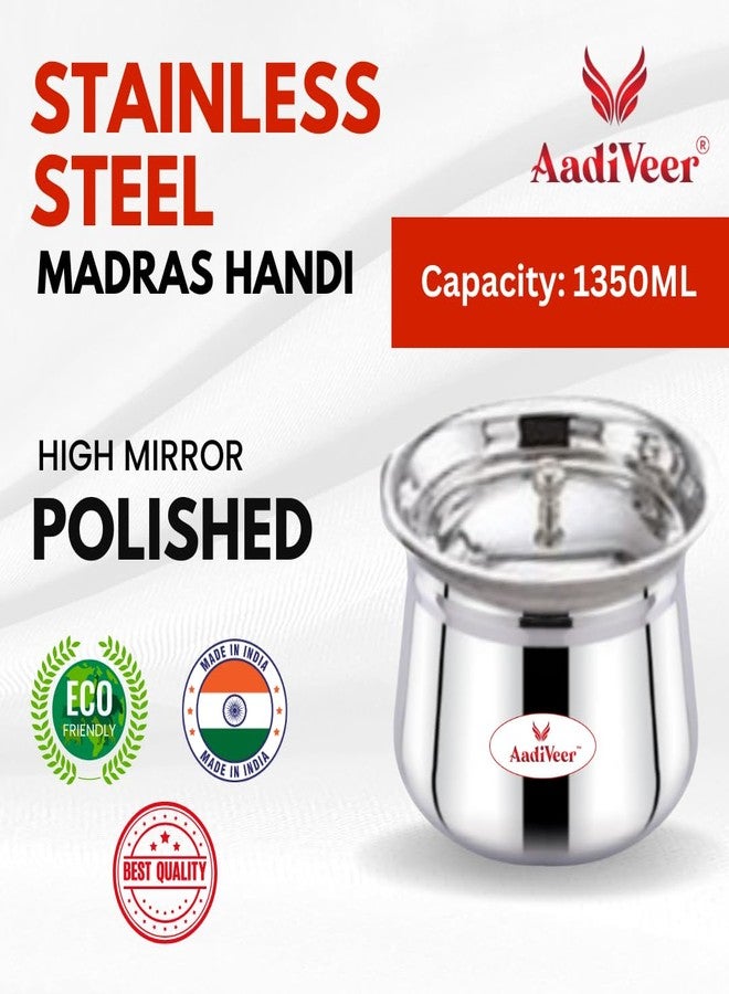 AadiVeer 1350ml Stainless Steel Handi | Steel Pot | Milk Pot | Dahi Handi with Lid & Knob, Dia - 13cm, Heavy Guage High Polished, Silver - Image 5